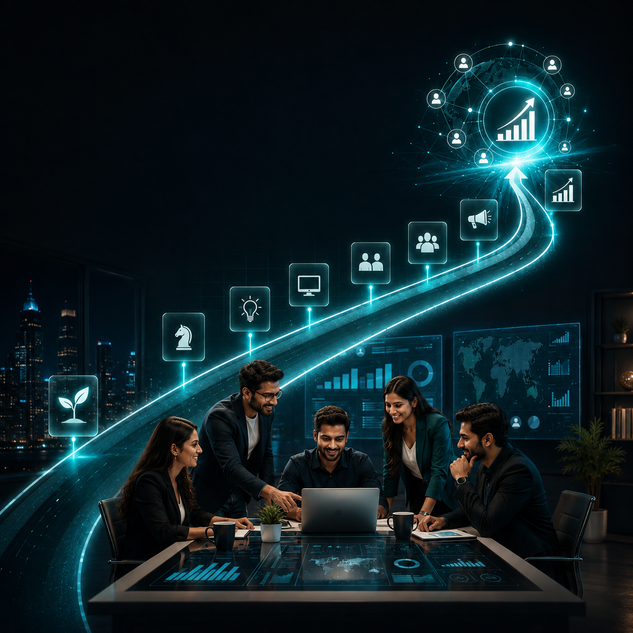 Digital marketing team collaborating around a laptop with futuristic analytics dashboards, glowing growth pathways and business strategy icons representing innovation, teamwork, audience engagement and digital success